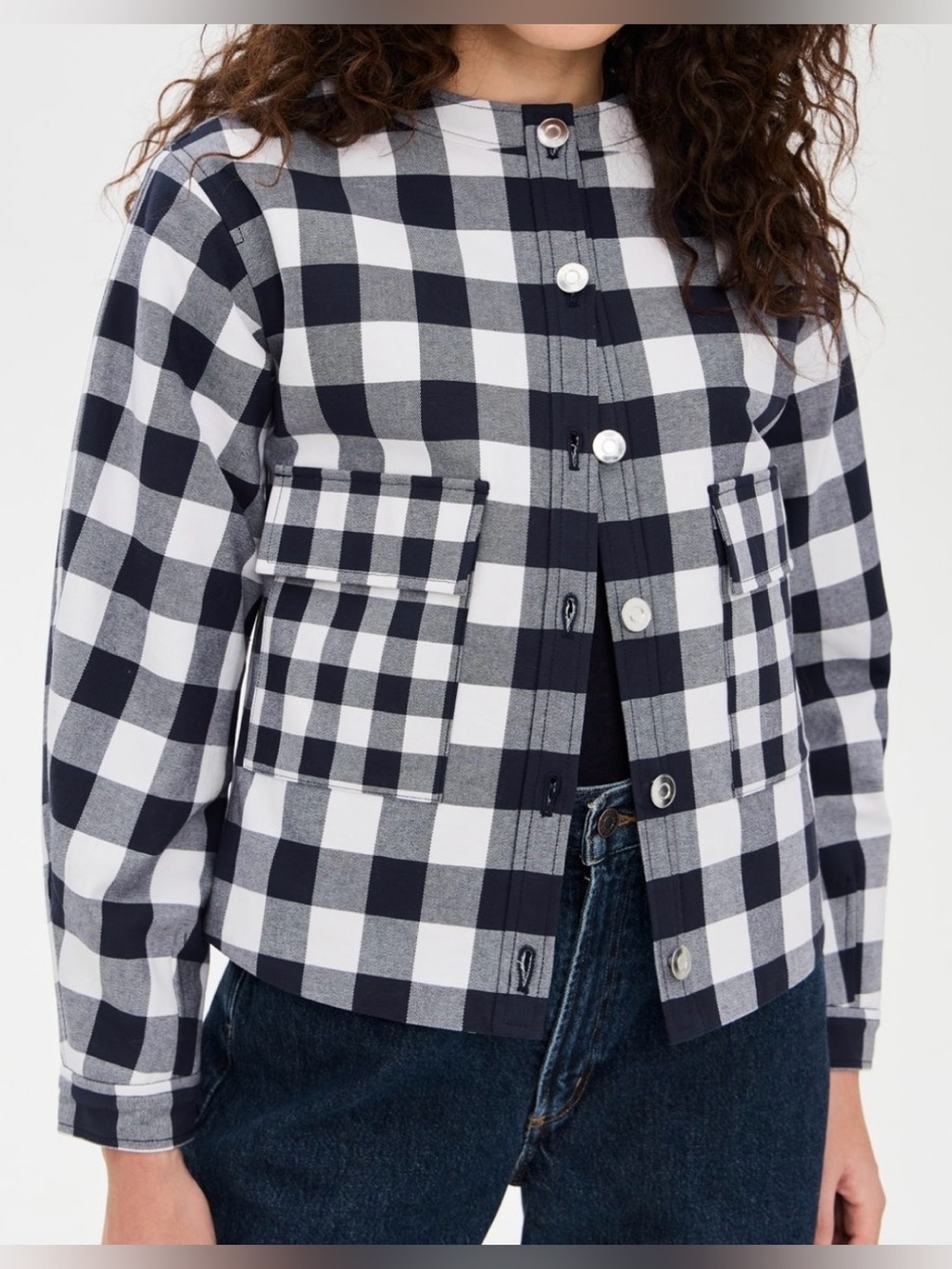ALIGNE Nathan Padded Boxy Moto Jacket Gingham White & Navy Size 6